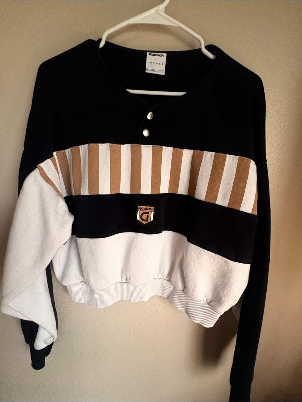 Reebok & Gigi Hadid Black White Tan Striped Cropped Crew Sweater